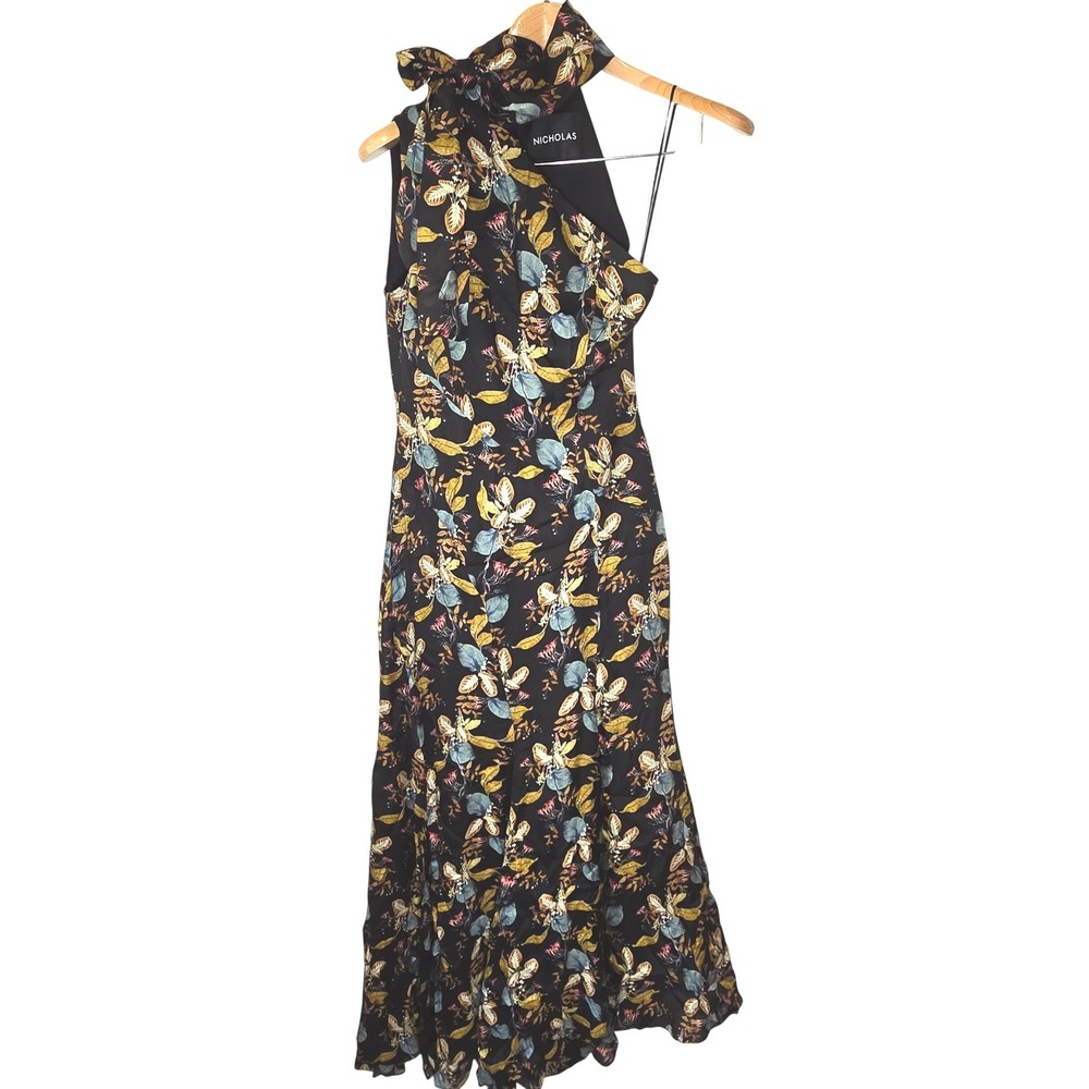 Nicholas Maxi Dress Womens 4 Black Silk Floral One Shoulder Bow High Neck